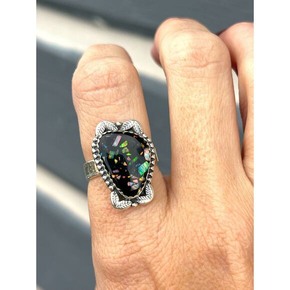 925 Sterling Silver Adjustable Ring Black Fire Opal Women Ring Southwest STUNNER - Picture 2 of 5
